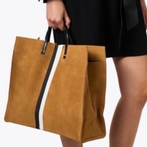 Elegant Tan Tote Bag with Black and White Stripes